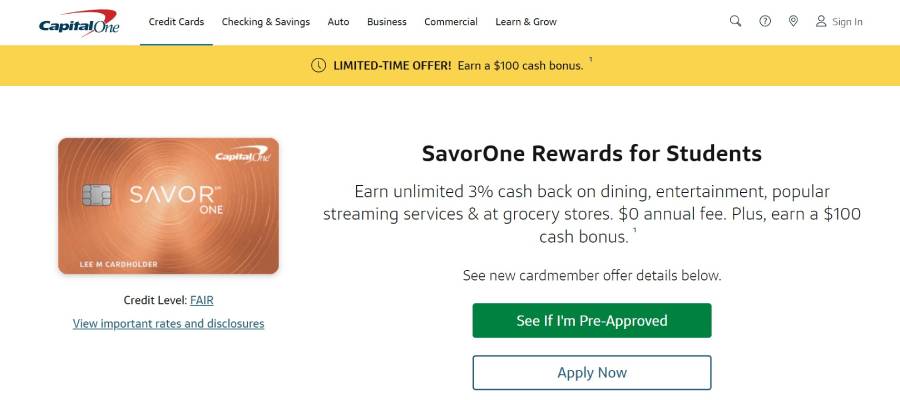 Capital One SavorOne Student Cash Rewards Credit Card